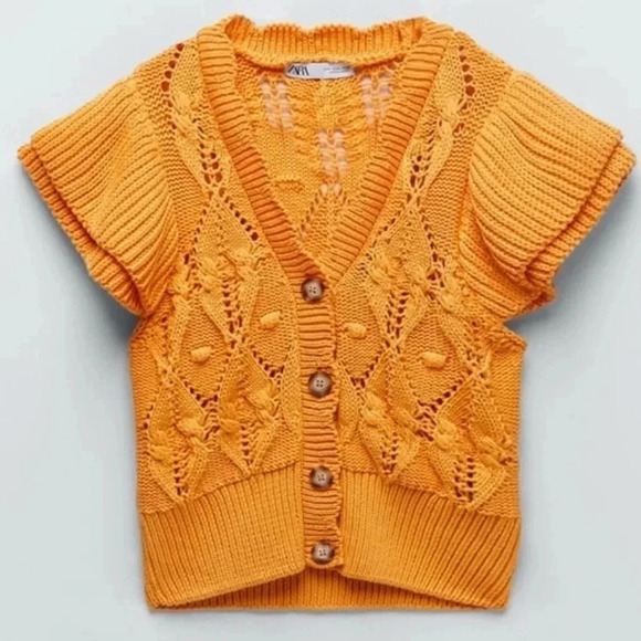 ZARA | Bloggers Fav Orange Knit Ruffled Sleeves Buttoned Short Cardigan Size M - Picture 10 of 15